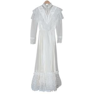 Vintage Lace Long Sleeve Peasant Prairie Wedding Dress Sz S